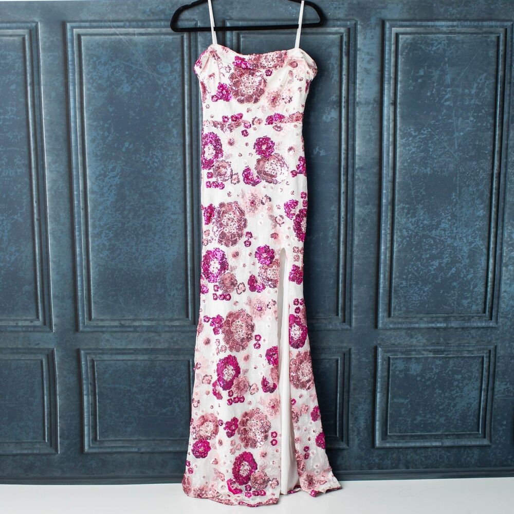 City Triangles Pink Sequin Floral Maxi Dress Size M Formal Prom Evening Gown